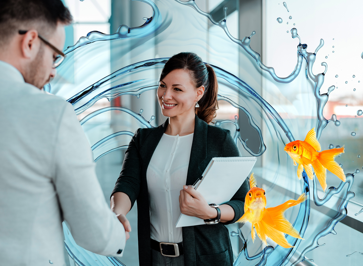 Professional business handshake with MetaExperts water and goldfish brand imagery